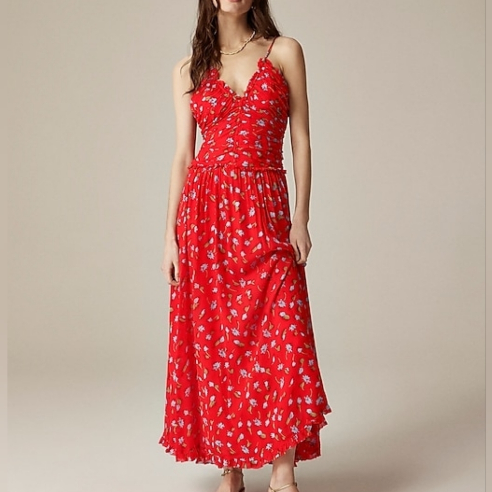 J.crew Collection ruched Georgette chiffon dress Maxi Floral Red Multi Bnwt